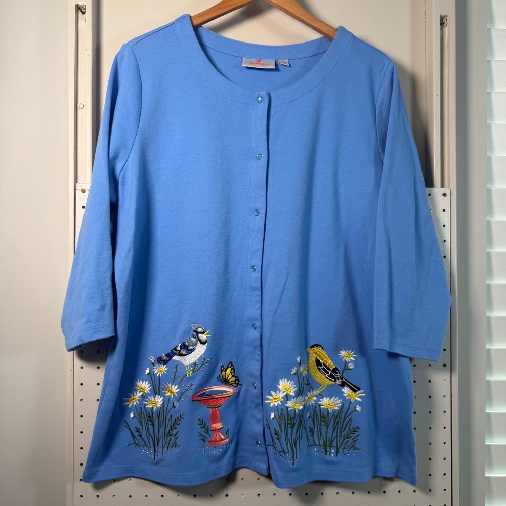 Quacker Factory Cardigan Women's Blue Birds Daisies Embroidered‎ Sweater - 1X